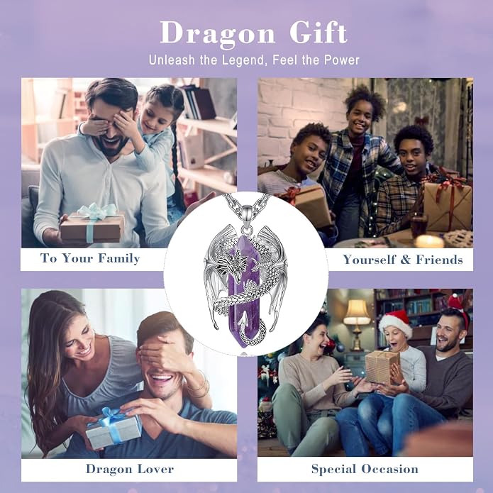 INFUSEU Unique Dragon Necklaces with Healing Crystal Stone for Men Women, Personalized Spiritual Gifts, 24 Inch Chain