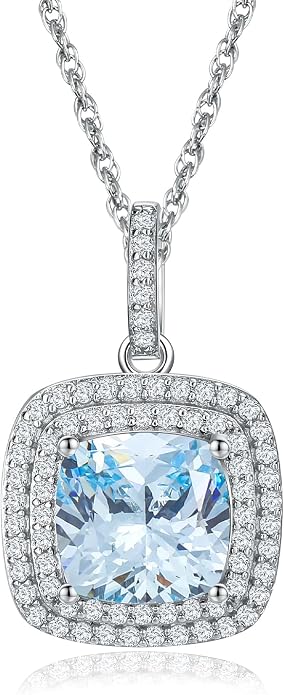 Birthstone Necklace for Women 925 Sterling Silver Cushion/Pear Cut Created Gemstone Halo Pendant Necklace Birthstone Jewelry