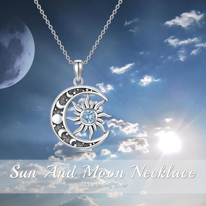 Sun and Moon Necklace 925 Sterling Silver Sun Moon Pendant Gemstone Jewelry Gifts for Women