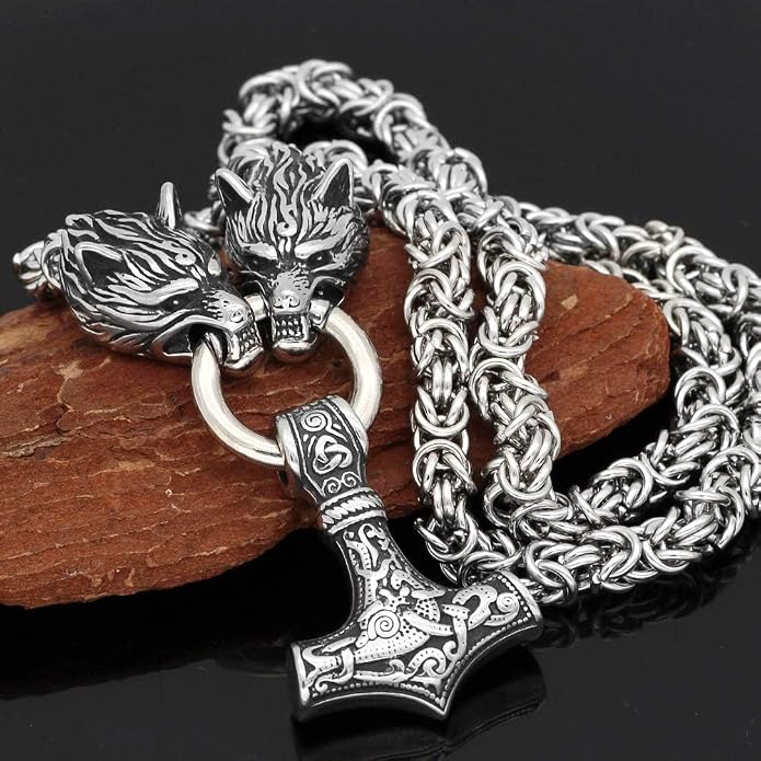 Viking Wolf Head Thor’s Hammer Pendant Necklace – Stainless Steel Norse Amulet Jewelry for Men, Nickel-Free, Gift Box Included