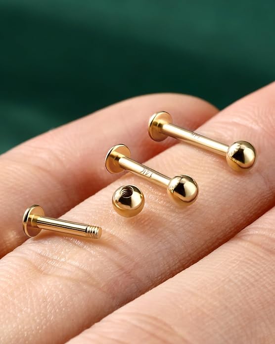 COCHARM 14k Solid Gold 16g Labret Studs Real Yellow Gold Medusa Monroe Madonna Stud Lip Piercing Helix Cartilage Conch Earring Stud