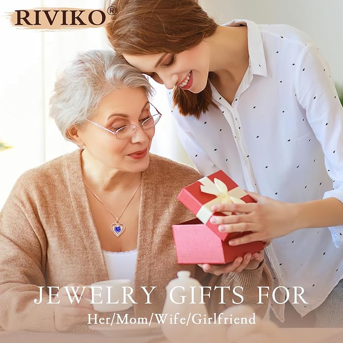 RIVIKO Heart Birthstone Pendant Necklace for Women 925 Sterling Silver Zirconia Necklaces Valentine's Day Anniversary Birthday Mothers Day Jewelry Gifts For Her Mother Wife
