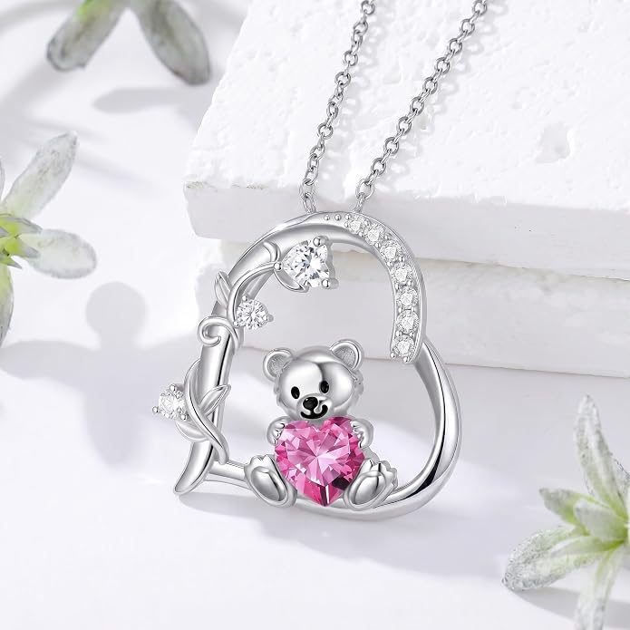 PELOVNY Teddy Bear Necklace for Women 925 Sterling Silver Bear/Highland Cow/Fox/Cat/Axolotl Birthstone Necklace Christmas Birthday Jewelry Gifts for Mom Daughter Wife Sister
