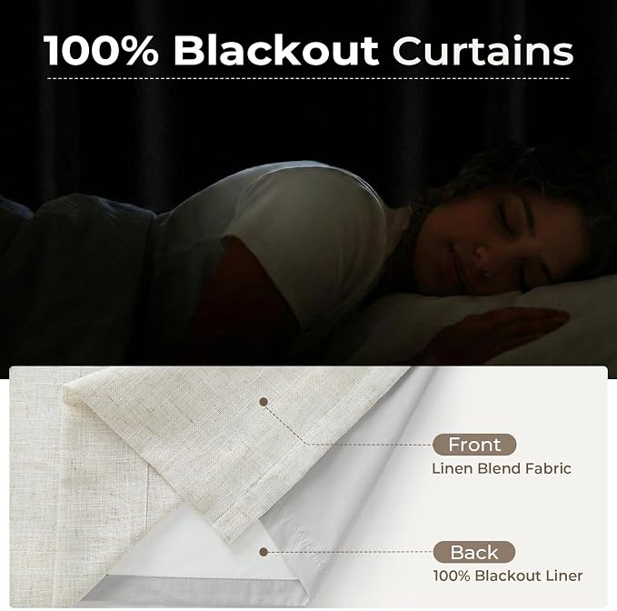 CAPALOCA Natural Linen Pinch Pleated Curtains Blackout, 100% Black Out Curtains 102 inch Long for Bedroom, Blackout Thermal Insulated Pinch Pleated Drapes for Living Room, 40" W x 102" L, 2 Panels Set
