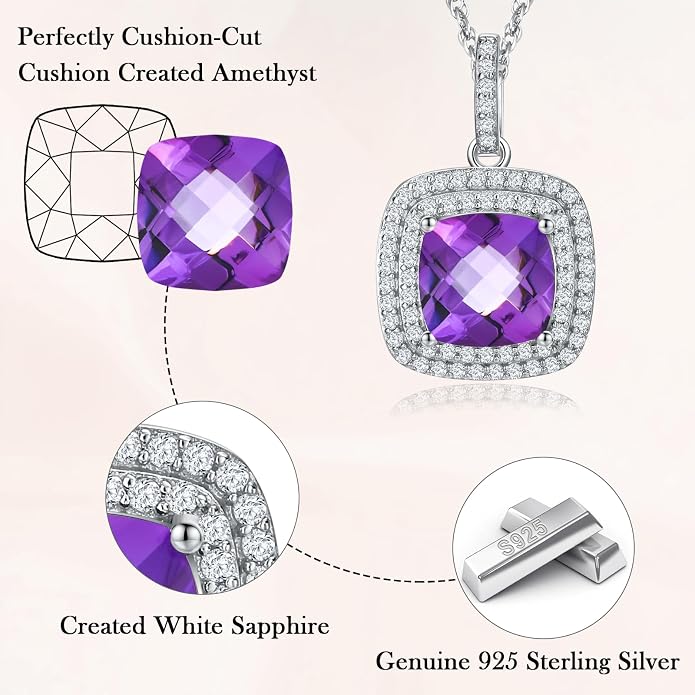 Birthstone Necklace for Women 925 Sterling Silver Cushion/Pear Cut Created Gemstone Halo Pendant Necklace Birthstone Jewelry
