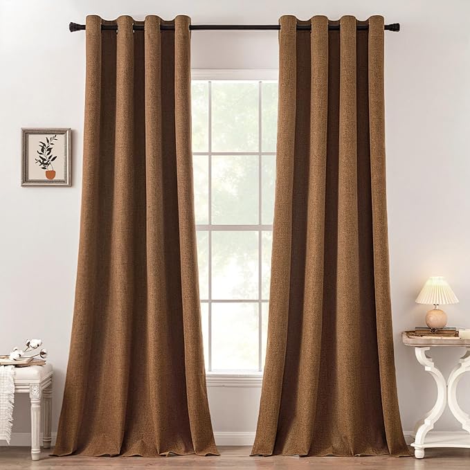 MIULEE 100% Blackout Linen Curtains for Bedroom Thermal Insulated Brown Grommet Room Darkening Curtains & Drapes Fall Decor for Living Room 52 x 108 Inch (2 Panels)