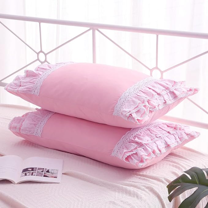 2-Pack Pink Pillow Shams Cases Covers with Ruffles and Lace Cotton King Size 20"X36"Soft Boudoir Luxurious