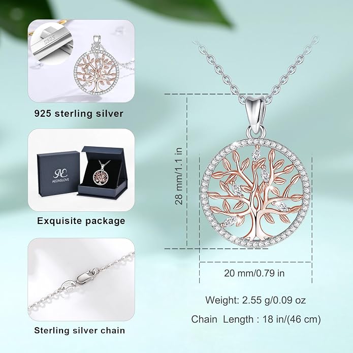 AEONSLOVE Tree of Life Necklace 925 Sterling Silver, Family Tree of Life Pendants Jewelry Gifts for Women Wife Mother, 18 Inch Chain