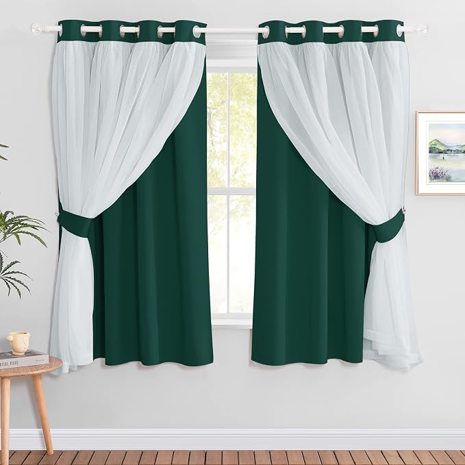 PONY DANCE Bedroom Curtains Blackout - Sheer Drapes Crushed with Grommet Top Treatments Decoration for Short Windows, 52 x 63 in, Hunter Green, 2 Panels