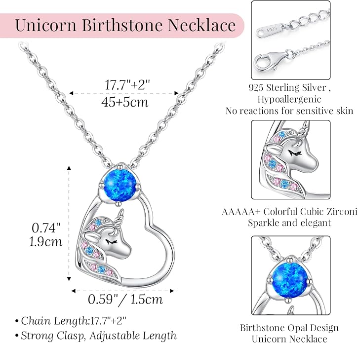 CDE Christmas Gift for women Cute Unicorn Birthstone Necklace for Girls Daughter 925 Sterling Silver Opal Heart Pendant Graduation Birthday Christmas Jewelry Gift for Teenage Girls Niece