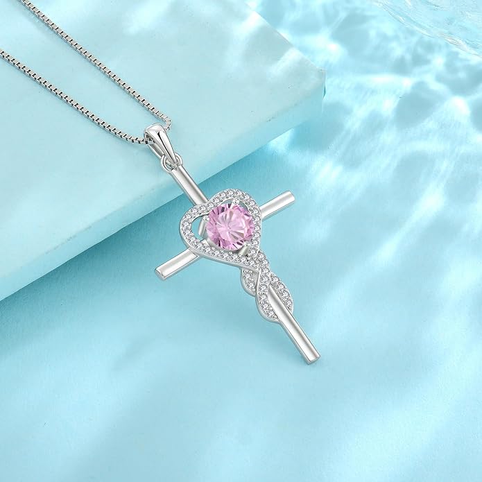 Cross Necklace for Women 925 Sterling Silver Infinity Birthstone Pendant Necklace Religious Christian Jewelry Gifts Wife Mom Her