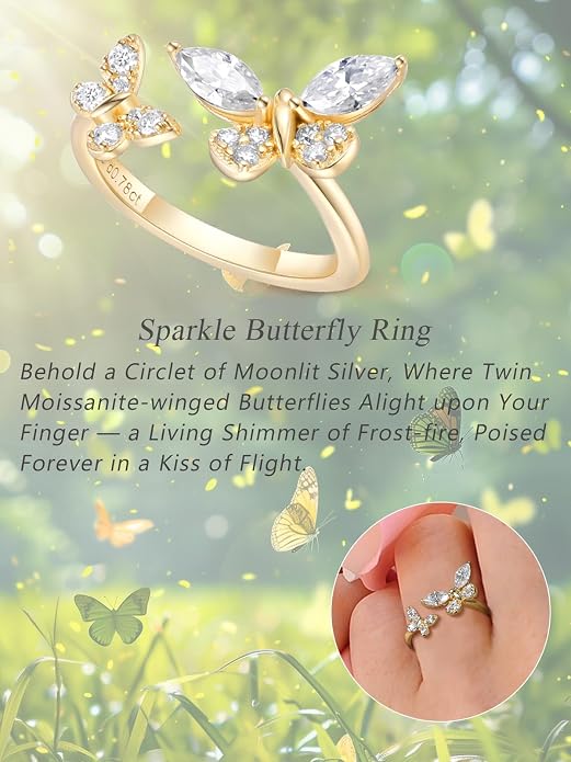 Moissanite Flower/Butterfly/Star Pretty Open Ring for Women, Adjustable Ring, Solid 925 Sterling Silver with Gold Plated, Stackable Ring, Birthday Valentines Anniversary Mothers Day Ideal Gift for Her