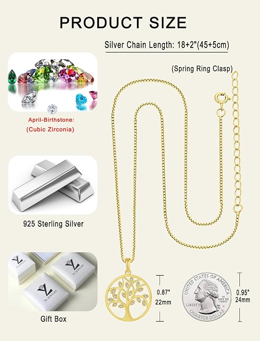 YL 925 Sterling Silver Tree of Life Necklace for Women Round Tree Pendant Birthstone Jewelry for Mom