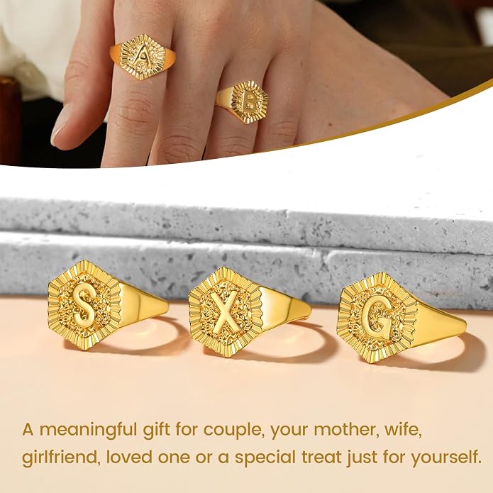 KeyStyle Bold Initial Letter Rings Adjustable, GoldChic Jewelry Women Gold Statement Ring Personalized Engraved Women’s Open Signet Ring for Party (Gold, White Gold, Black)