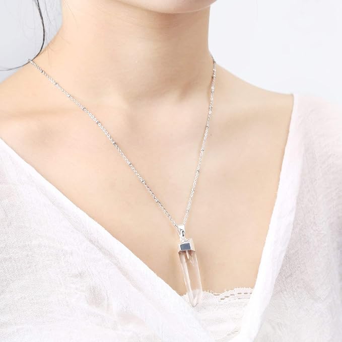 Wholesale 4 PCS Raw Clear Quartz Crystal Charm Natural Stone Pendant Chakra Healing Point Reiki Charm Bulk for Jewelry Making (Silver)