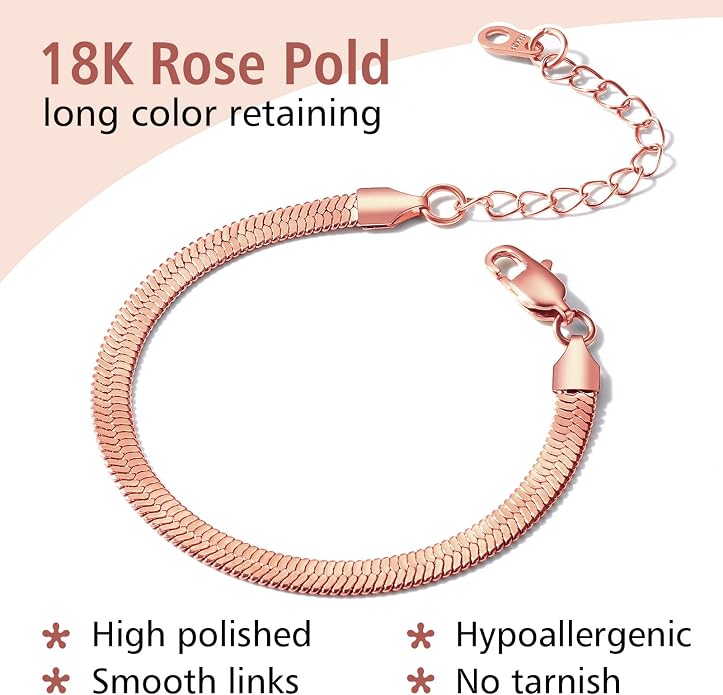 FindChic Elegant Herringbone Snake Chain Anklets/Bracelets 3MM/5MM Width Stainless Steel/18K Gold/Rose Gold Plated/Black 4 Color Options, 8.3'' 8.5'' 10.5'' Length, with Gift Box