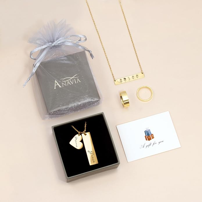 Anavia Personalized Name Date Initial Bar Necklace, Customized Heart & Vertical Bar Pendant Necklace for Mom Friendship Family, Love Connection Handmade Jewelry Gift