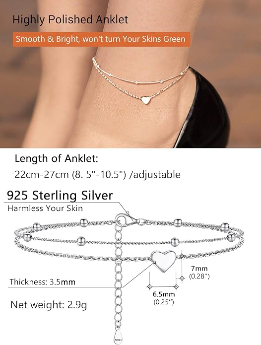 PROSILVER 925 Sterling Silver Ankle Bracelets For Women, Stylish Chain Anklets, Summer Beach Jewelry, 8.6-10.6 Inch Adjustable, Come with Box