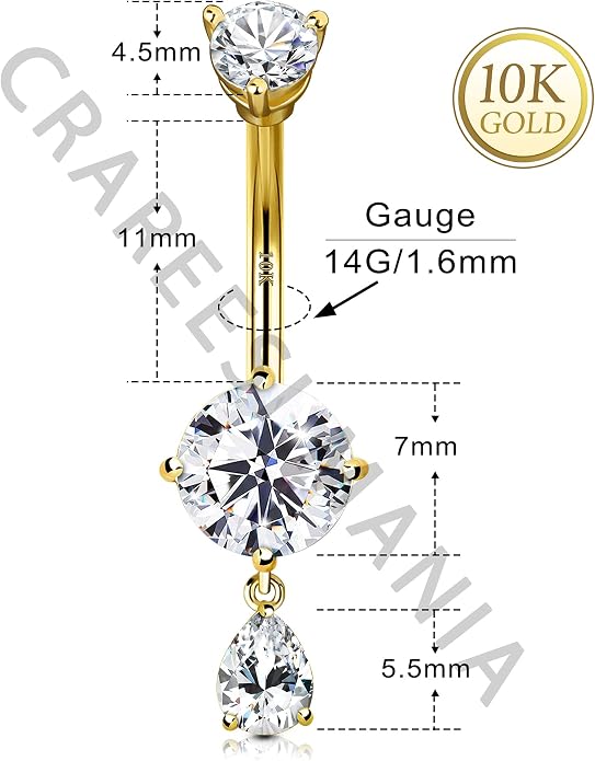CM Crareesi Mania 10K Solid Gold Belly Button Ring Dangle 10K Yellow Gold Belly Rings Navel Piercing Jewelry