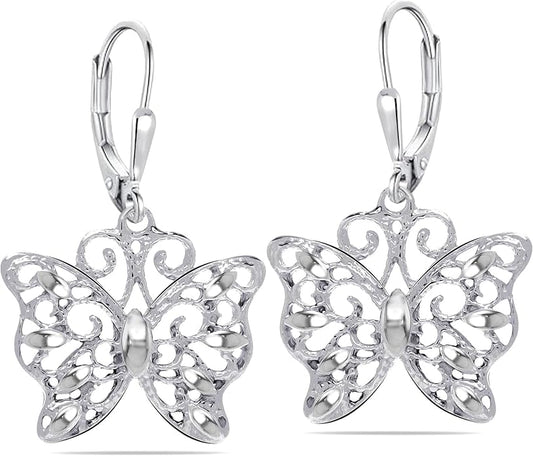 Charmsy 925 Sterling Silver Filigree Earrings for Women | Lightweight Diamond-Cut Openwork Leverback Dangle Earrings | Romantic Jewelry Gifts for Women