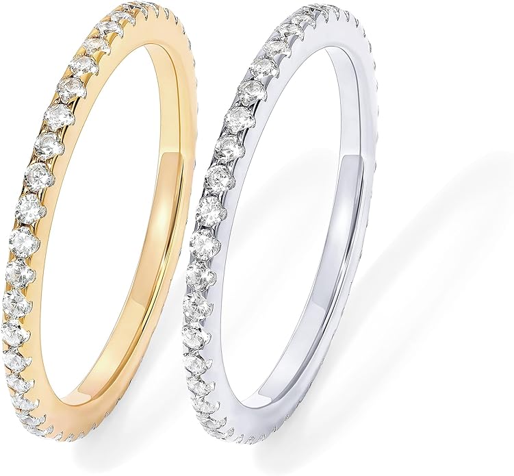 PAVOI Gold Plated Solid 925 Sterling Silver CZ Simulated Diamond Stackable Ring Eternity Bands for Women