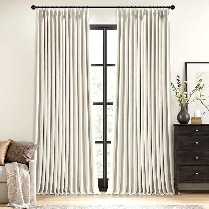 MIULEE Natural Pinch Pleated 100% Blackout Linen Curtains for Bedroom, Room Darkening Memory Trained Light Blocking Window Curtains 112 inches Long for Living Room, Black Out Pleat Drapes, 2 Panels