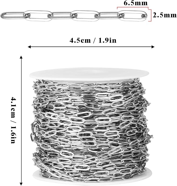 [33 Ft] Stainless Steel Paperclip Chains Roll, 2.5mm Width 304 Stainless Steel Oval Link Chains Spool Bulk for Jewelry Making