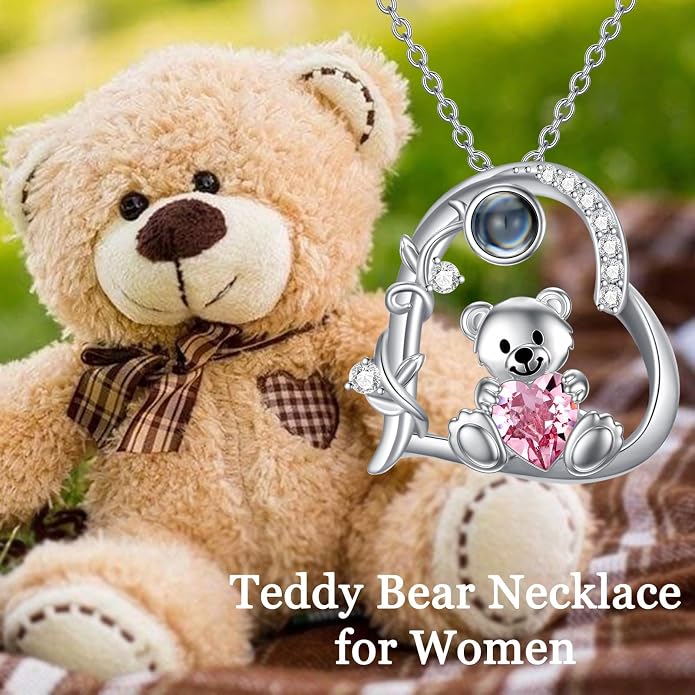 PELOVNY Teddy Bear Necklace for Women 925 Sterling Silver Bear/Highland Cow/Fox/Cat/Axolotl Birthstone Necklace Christmas Birthday Jewelry Gifts for Mom Daughter Wife Sister