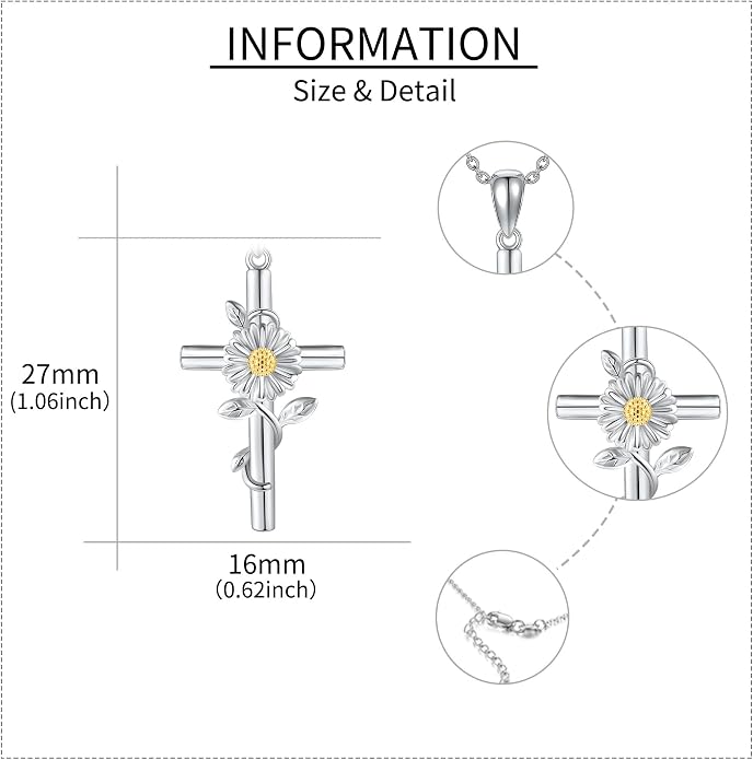 Flower Cross Necklace 925 Sterling Silver Carnation/Rose/Lily/Daisy Cross Necklace Birth Flower Jewelry for Women