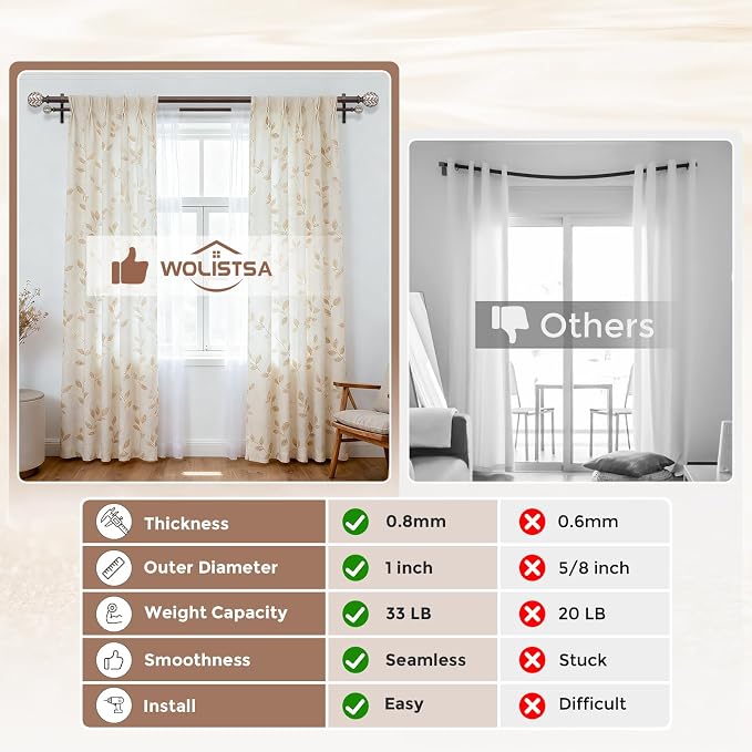 Boho Decorative Double Curtain Rod, 36-76 Inch, Walnut Wood | Handmade Wood Grain Leaf Finials, Heavy Duty Adjustable Rustic Metal Dual Layer Curtain Rods, 40 lb Capacity, Easy to Install
