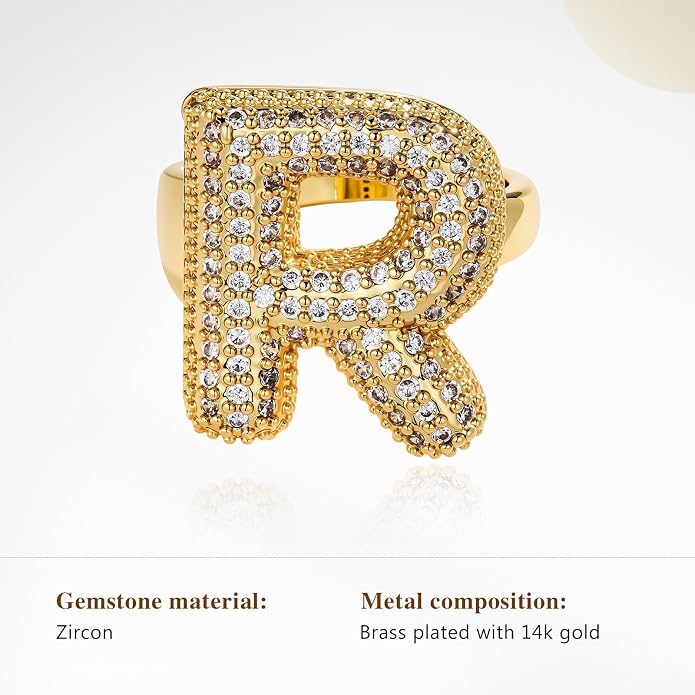 Cicy Bell Initial Rings for Women 14k Gold Plated Cubic Zirconia Delicate Letter Chunky Statement Open Rings Gifts for Her