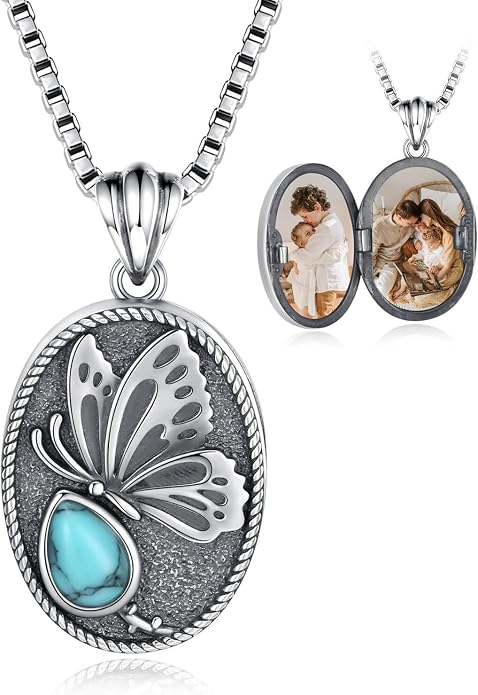 925 Sterling Silver Oval Turquoise Lockets Pendant that Holds Pictures Vintage Jewelry Memorial Gifts for Women