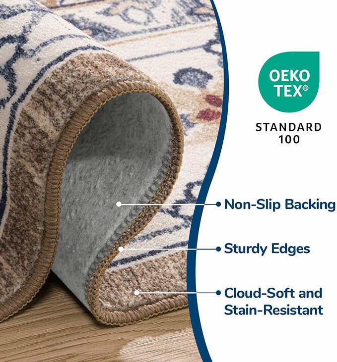 Lessymo Washable Area Rugs 6 x 9, Boho Area Rug Low Pile for Bedroom Living Room Kitchen, Ultra-Soft Faux Wool Vintage Area Rug with Non-Slip Rubber, Kid & Pet Friendly, Brown Beige