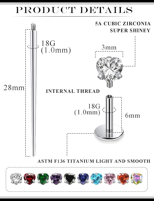 20G 18G 16G Astm F136 Titanium Internal Thread Flat Back Earrings Nose Studs Tragus Helix Conch Cartilage Lobe Earrings Medusa Labret Snake Bite Monroe Lip Ring Piercing Jewelry For Women Men