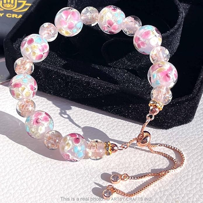 ARTSY Crafts Lily Garden Glow in the Dark Firefly Bead Bracelets Necklaces, Handmade in USA Murano Glass Jewelry, Flower Luminous Beads Mermaid Crystal Bracelet Bangle