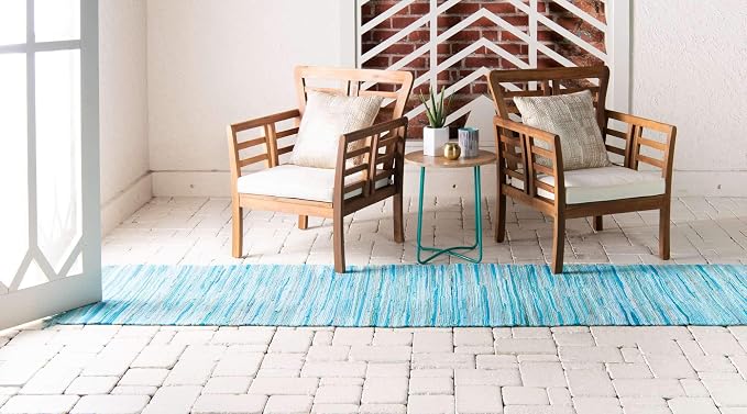 Unique Loom Chindi Cotton Collection Soft Hand Woven Natural Fiber Striped Area Rug, 2 ft 7 in x 9 ft 10 in, Turquoise/Ivory