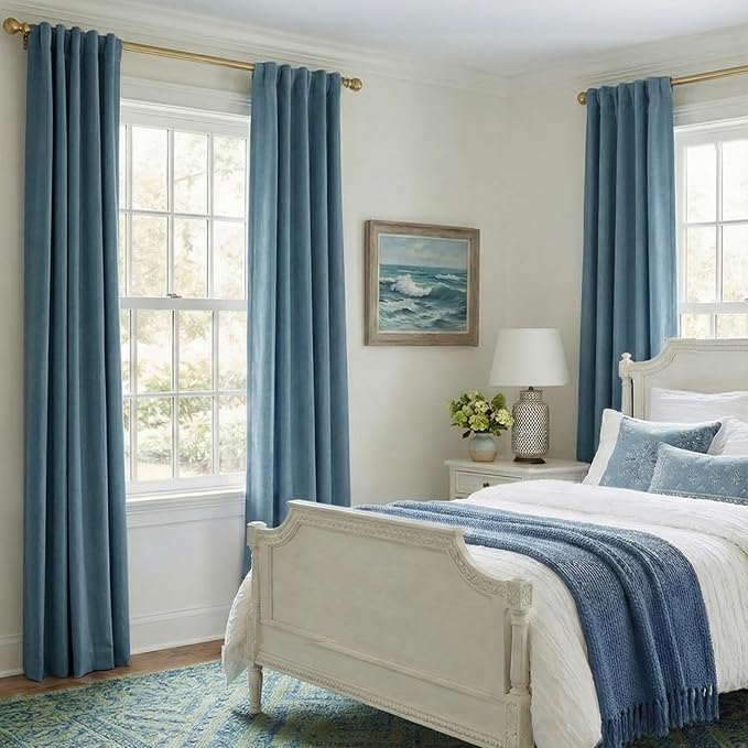 INOVADAY 100% Blackout Curtains 90 Inches Length 2 Panels Set, Back Tab/Rod Pocket Linen Black Out Curtains for Bedroom, Thermal Insulated Window Drapes - Slate Blue, W50 X L90