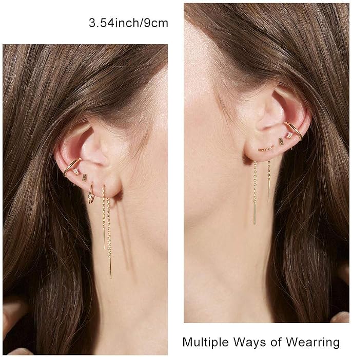 3 Pairs Threader Earrings 925 Sterling Silver Long Chain Earrings Bar/Ball Wrap Threader Drop Earrings for Women Lightweight Minimalist Mother's Day Jewelry Set