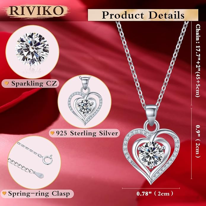 RIVIKO Heart Birthstone Pendant Necklace for Women 925 Sterling Silver Zirconia Necklaces Valentine's Day Anniversary Birthday Mothers Day Jewelry Gifts For Her Mother Wife
