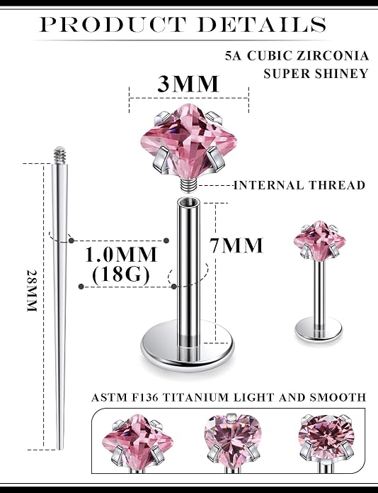 20G 18G 16G Astm F136 Titanium Internal Thread Flat Back Earrings Nose Studs Tragus Helix Conch Cartilage Lobe Earrings Medusa Labret Snake Bite Monroe Lip Ring Piercing Jewelry For Women Men
