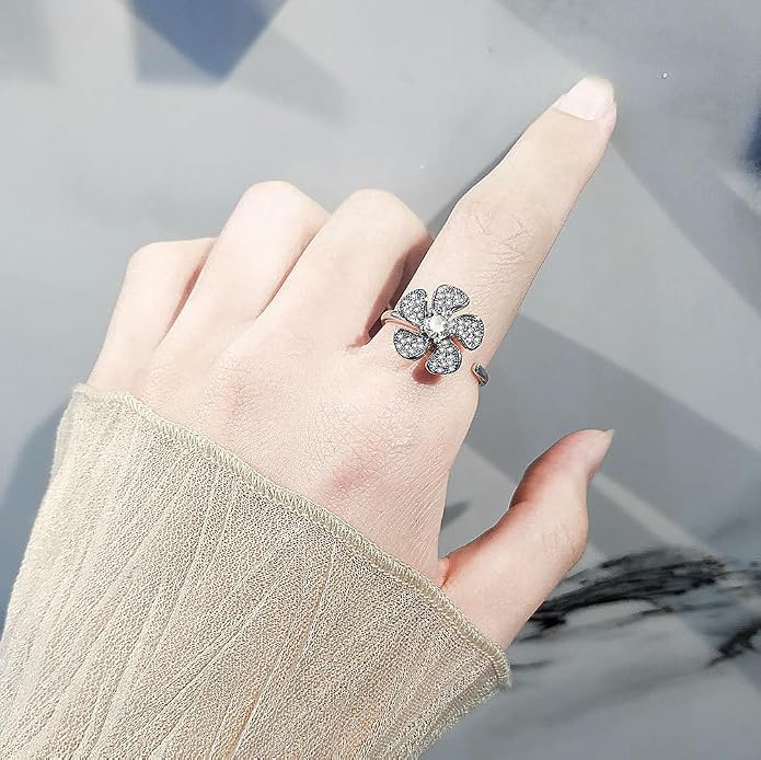 Fidget Ring Anxiety Spinner Ring Open Adjustable Sunflower Star Moon Windmill Butterfly Rings Daisy Stress Relieving Fidget Women Cubic Zirconia Anti Stress Mood Rotate Inspirations Jewelry