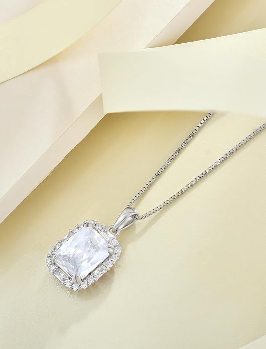 Princess Cut Necklaces for Women, 925 Sterling Silver Emerald Cut Birthstone Pendant Necklace Halo Square Rectangle Jewelry Gifts for Her