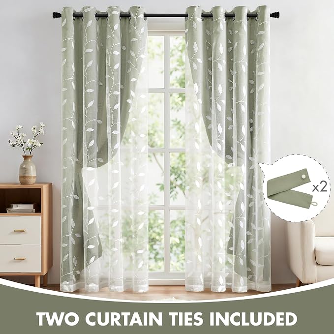 MIULEE Double Layer Curtains 84 Inches Long, White Leaf Patterned Sheer Floral Drapes and Sage Green Blackout Room Darkening Curtains for Living Room Bedroom, Grommets Top, 52" W x 84" L, 2 Panels