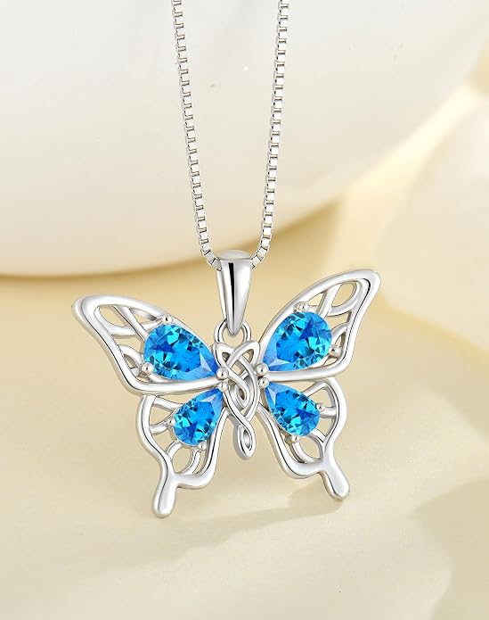 Butterfly Necklace 925 Sterling Silver Celtic Knot Pendant Teardrop Birthstone Twisted Jewelry for Women
