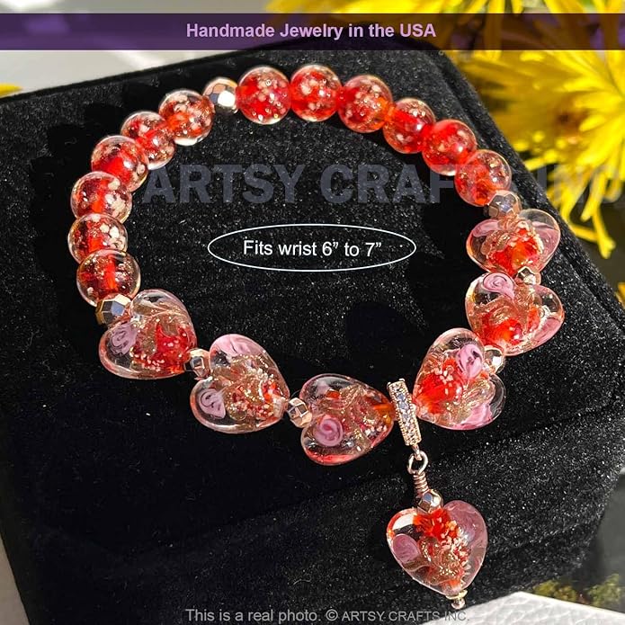 ARTSY Crafts Glow in the Dark Heart Shaped Glass Bead Bracelets & Necklaces, Handmade in USA