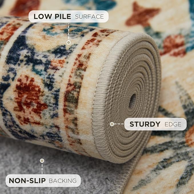 Joydeco Washable 2x6 Hallway Runner Vintage, Beige & Blue & Reddish-Brown | Water Resistant Low Pile Non Slip Backing for Kitchen Entryway Bedroom Bathroom Dining Room