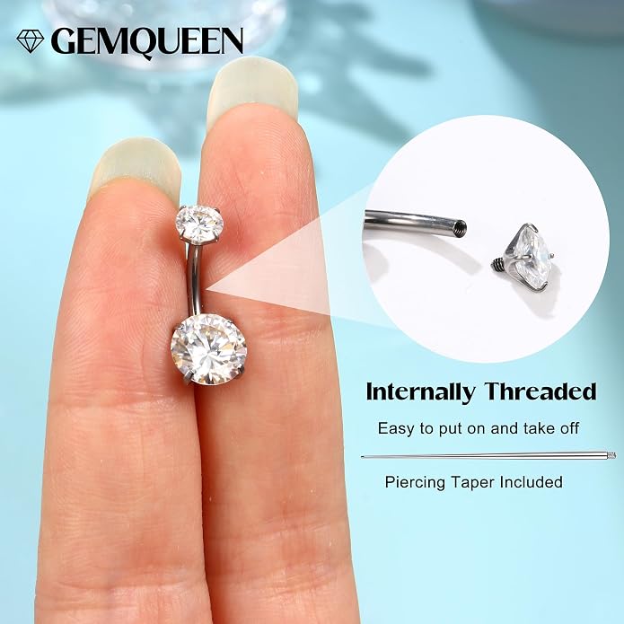 GEMQUEEN Moissanite ＆ G23 TItanium Belly Button Ring 18K Gold Plated Hypoallergenic Internally Threaded Belly Rings 14G Navel Piercing Jewelry For Women Men D Color VVS1 Clarity Brilliant Cut