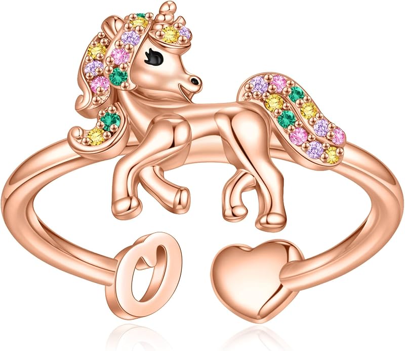 Unicorn Initial Rings for Teen Girls, Rose Gold/White Gold Plated Heart Initial Rings for Girls Adjustable Stackable Rings for Women Diny Heart Ring for Teen Girls Gifts Unicorns Gifts for Girls
