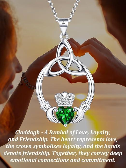 Gift Birthstone Necklaces for Women 925 Sterling Silver Irish Claddagh Necklace for Women Heart Birthstone Pendant Necklace Anniversary Birthday Gifts for Wife Lady Cable Chain 18"+2"