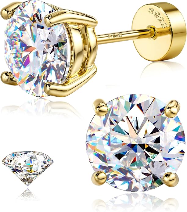 GEMQUEEN Moissanite Earrings Studs : 18K Gold Plated Solid 925 Sterling Silver Stud Earring for Women Men Hypoallergenic Dainty Moissanite Jewelry for Sensitive Ears Round Cut D Color VVS1 2-7.5mm